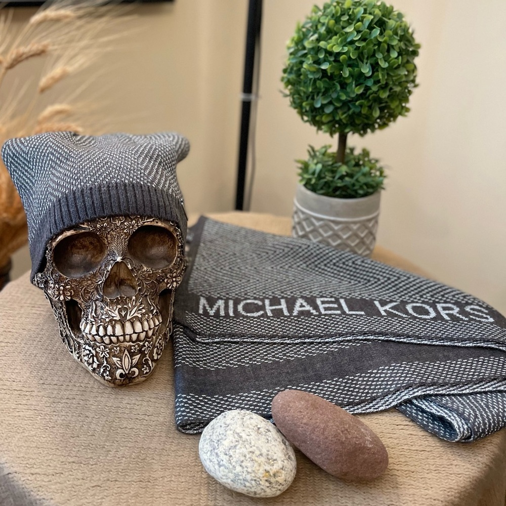 Set of 2 - Michael Kors Gray Hat-Beanie and Scarf Set w Sparkling Silver Details
